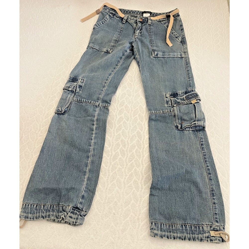 VTG Y2K POLECI Women Cargo Pants -Sz 2- Low Rice Denim Drawstring Utility Jeans